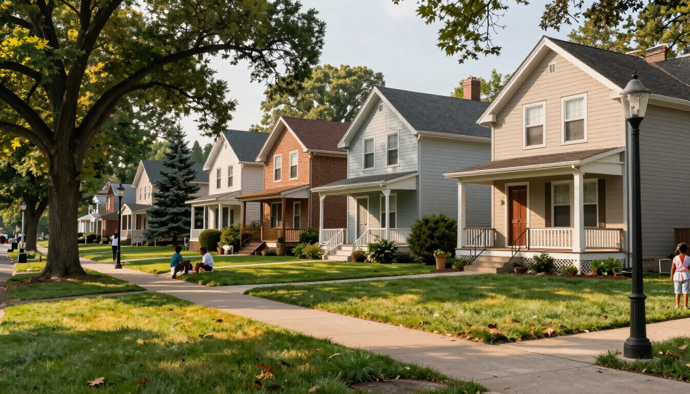 Common trees in Columbus Ohio, including maple and oak trees in a healthy residential yard