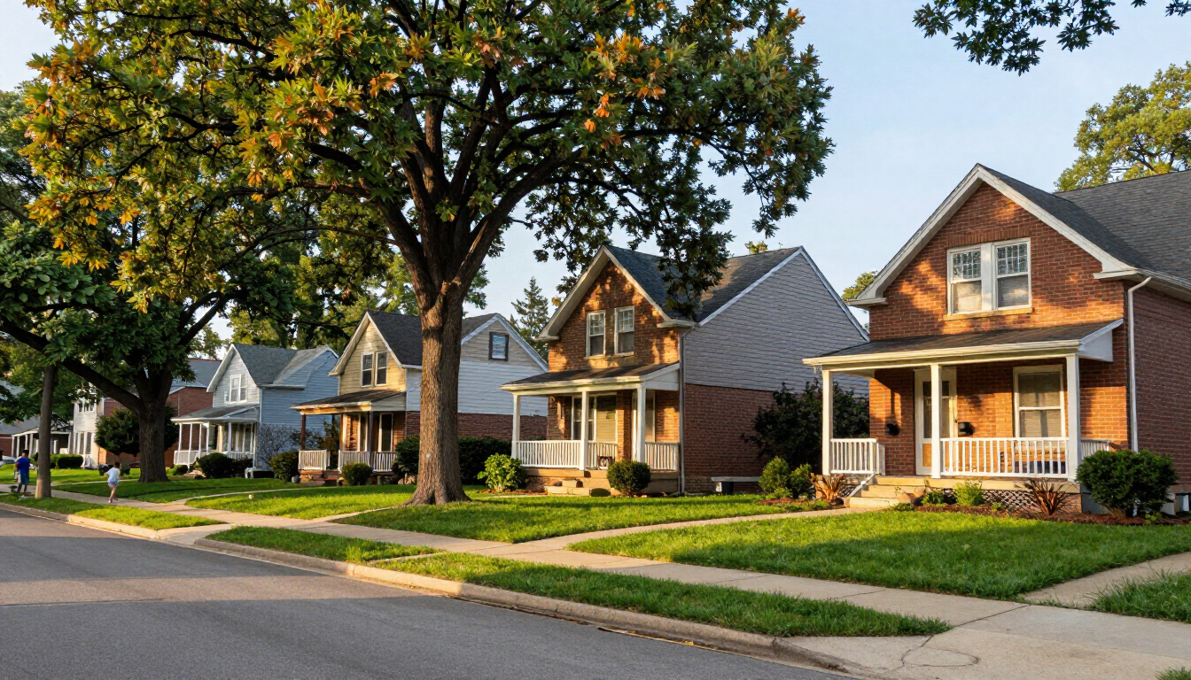 Common trees in Columbus Ohio, including maple, oak, and sycamore trees in a residential yard