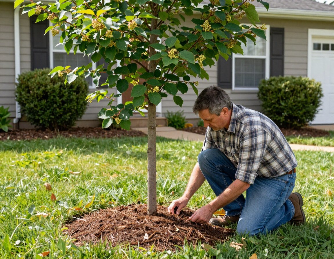 Homeowner inspecting mulch and the root flare around a young serviceberry tree
