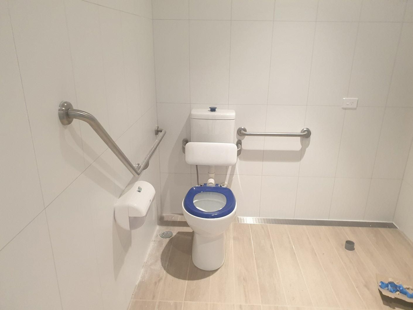 A Bathroom with A Toilet and A Blue Seat — Gillespie Plumbing in Grafton, NSW