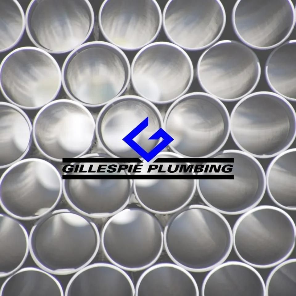 A Bunch of Metal Pipes with The Gillespie Plumbing Logo — Gillespie Plumbing in Grafton, NSW