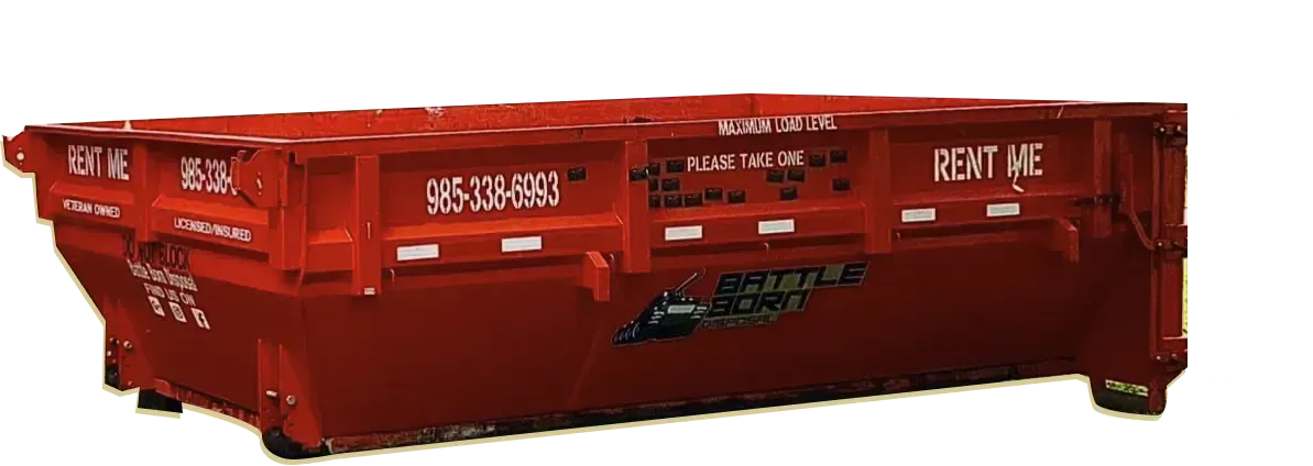 Red industrial dumpster or shipping container with white lettering, viewed from the side.