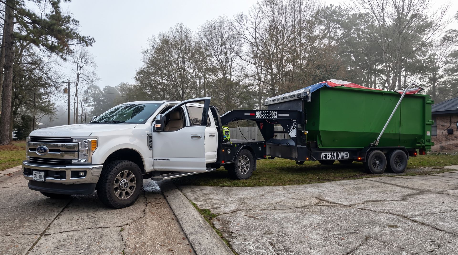 White truck hitched to a green dump trailer parked on a driveway with open doors in a wooded area