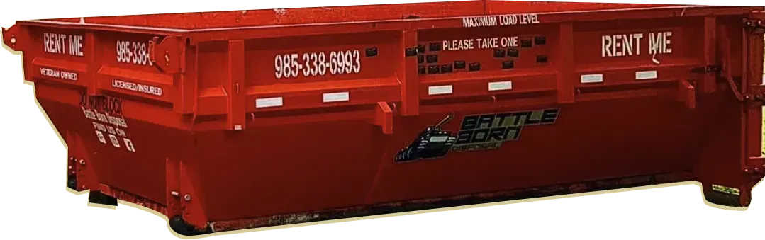 Red industrial dumpster container with white lettering on a white background