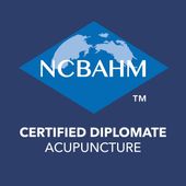 NCBAHM Certified Diplomat Acupuncture logo in blue and white