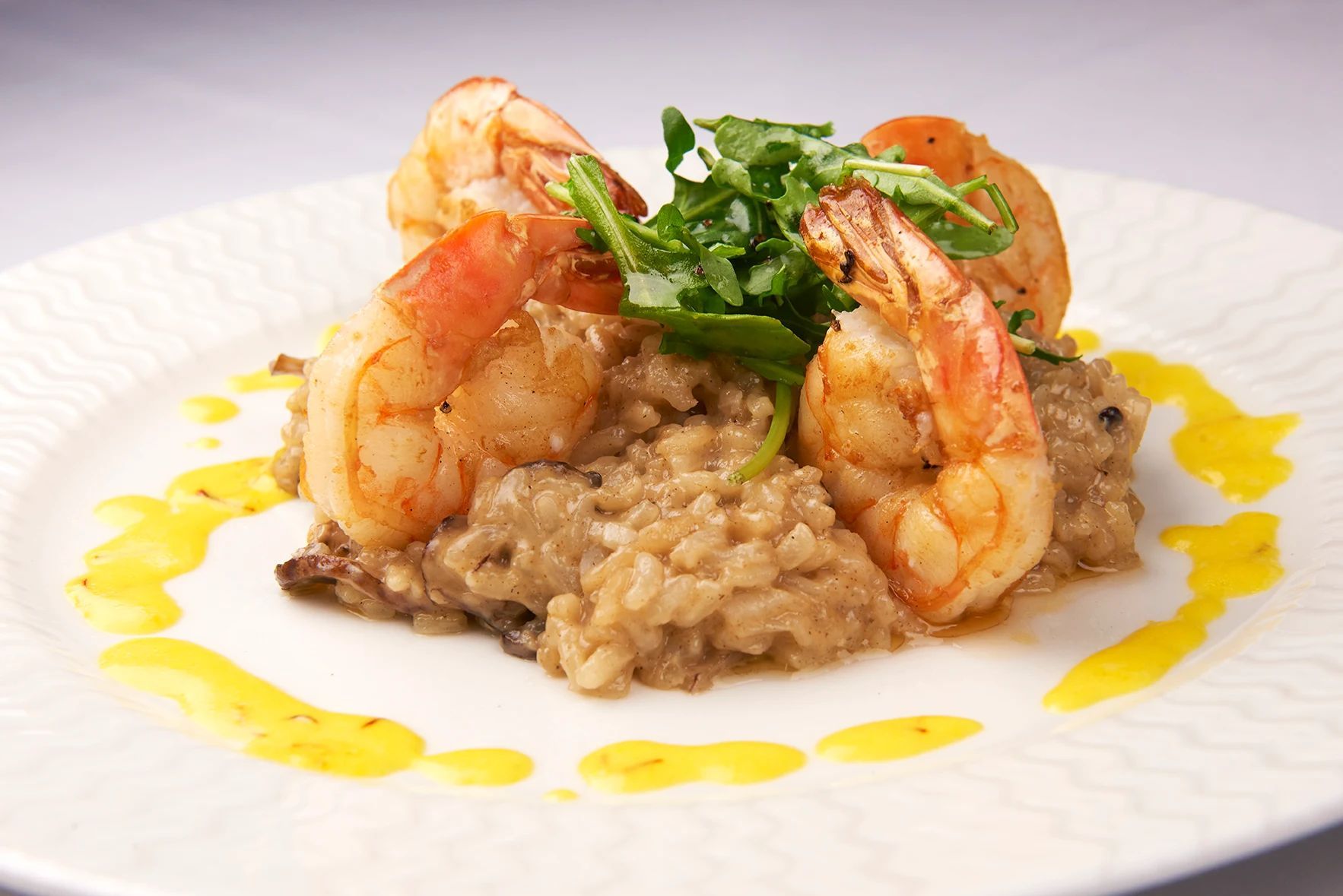 Jumbo Shrimp Risotto A white plate topped with shrimp and rice