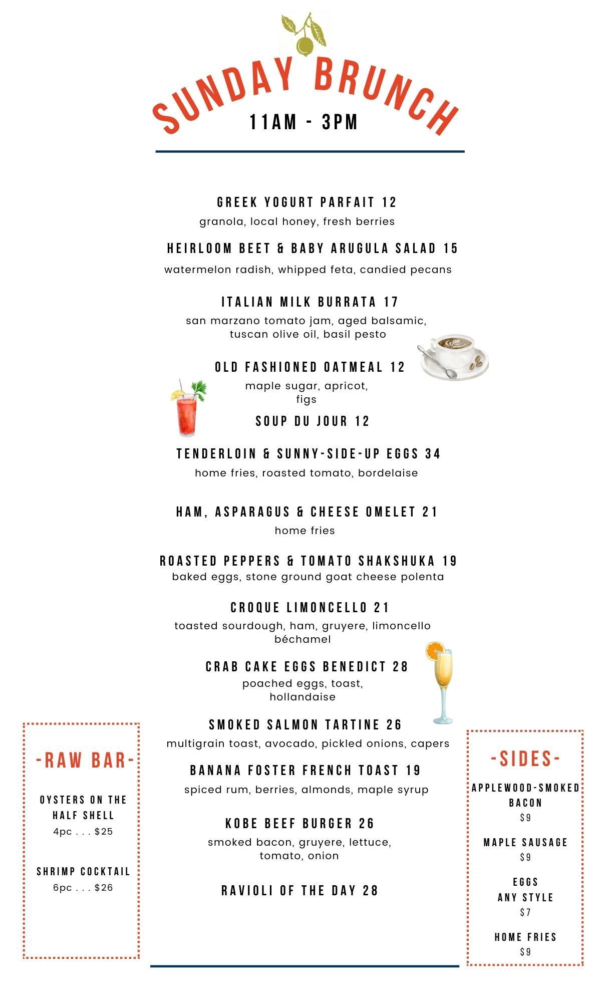 A menu for a sunday brunch at a restaurant.
