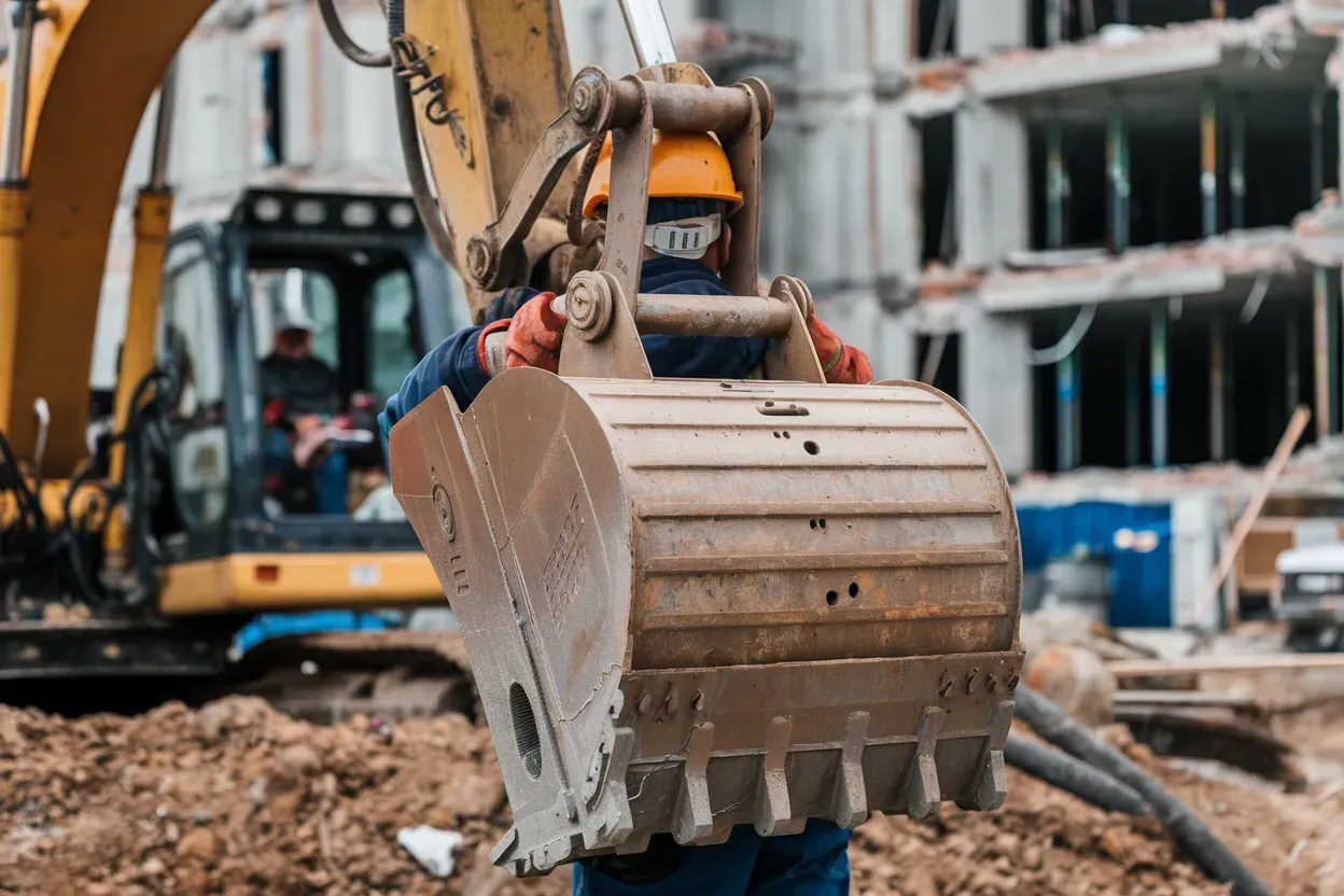 A man is holding a large excavator bucket at a construction site.