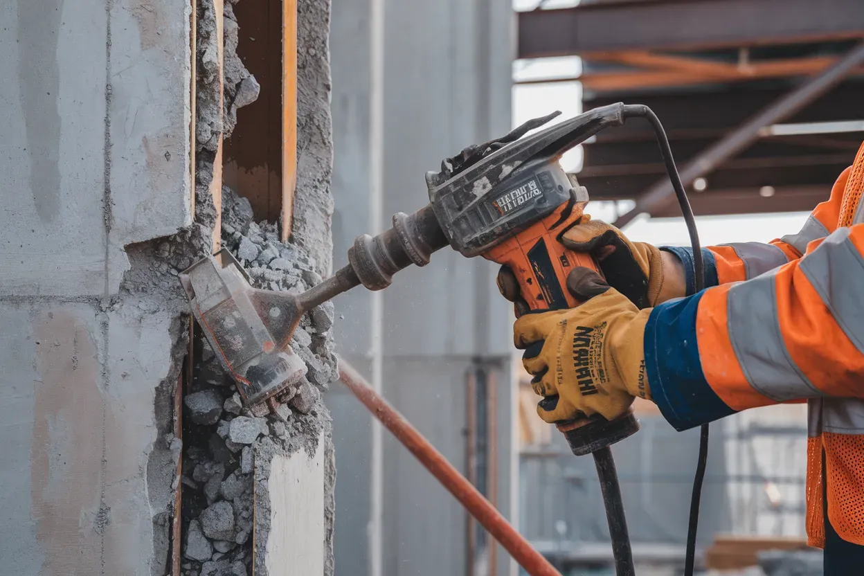 A construction worker is using a drill to drill a hole in a wall.