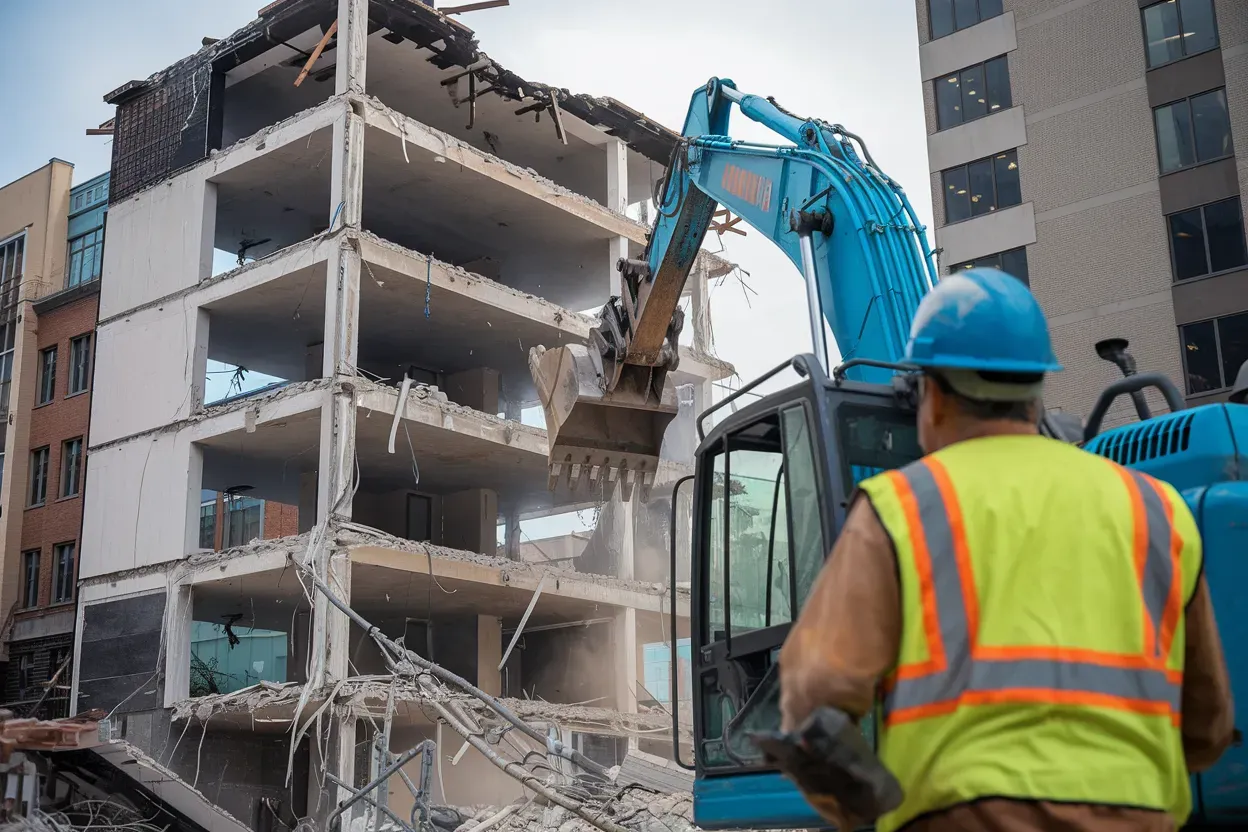A construction worker is standing in front of a building being demolished.