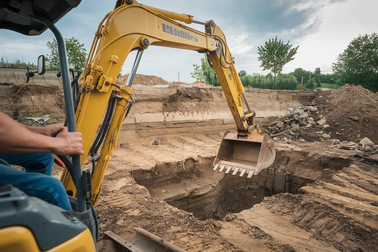 a yellow excavator in the pile of gravel and sand