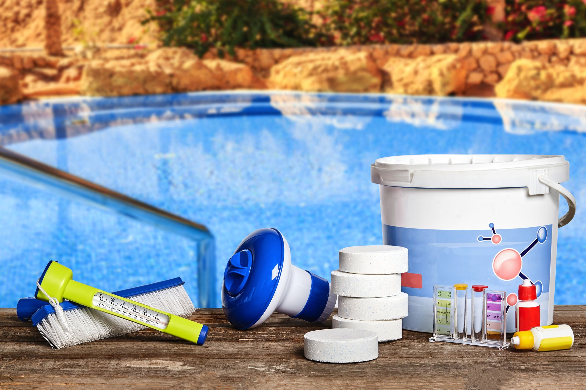 Pool maintenance supplies: brushes, thermometer, chlorine tablets, chemical testing kit, near a pool.