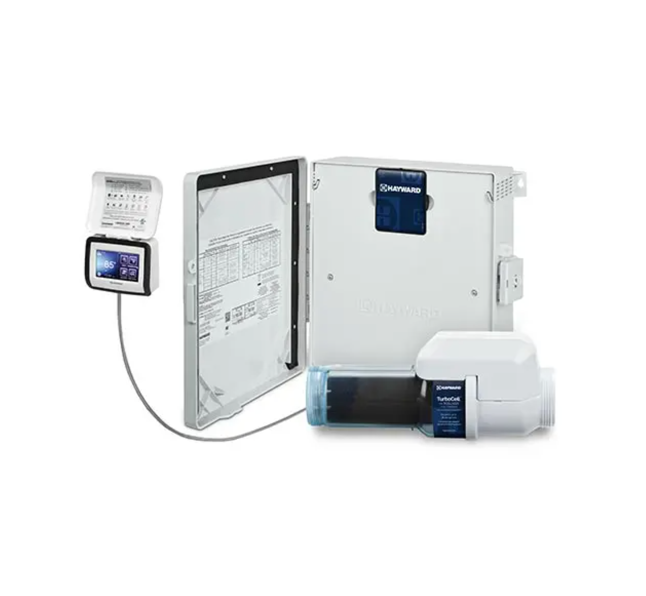 A white water filtration system with a digital control panel and open cabinet.
