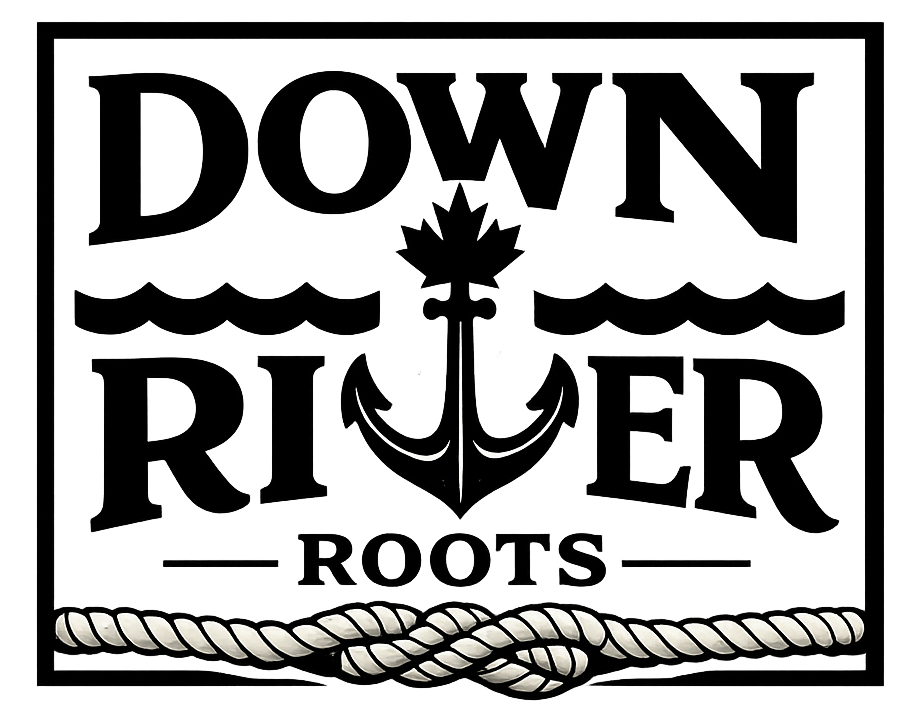 Down River Roots logo with text and nautical elements: Waves, anchor, maple leaf, and rope.