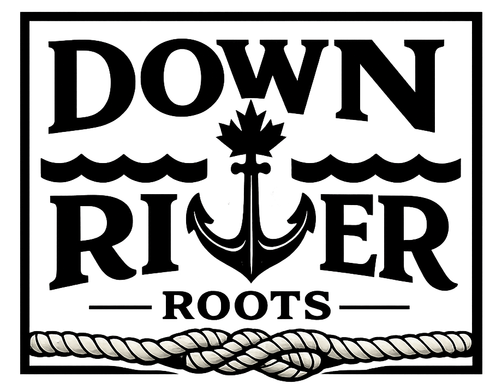Down River Roots logo with text and nautical elements: Waves, anchor, maple leaf, and rope.