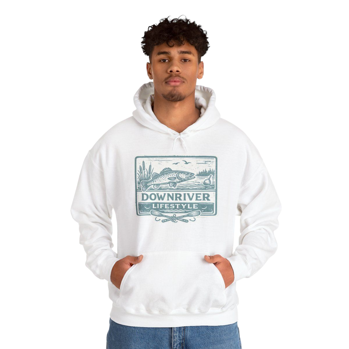 Man wearing a white hoodie with