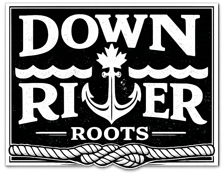 Down River Roots logo with waves, an anchor, and rope border.