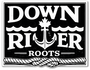 Down River Roots logo with waves, an anchor, and rope border.
