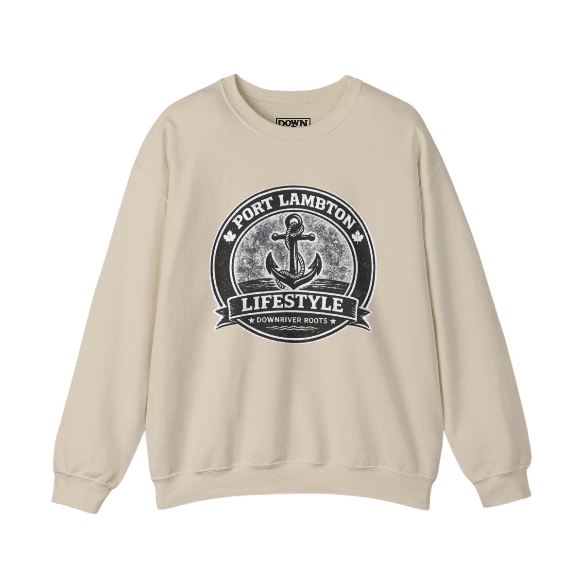 Beige sweatshirt with a black and white
