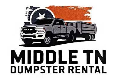 Logo for Middle TN Dumpster Rental with black truck, dumpster trailer, and orange Tennessee flag graphic