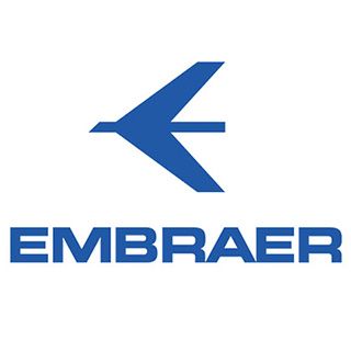 A blue embraer logo on a white background.