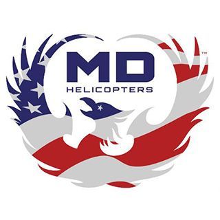 A logo for md helicopters with an american flag in the background.