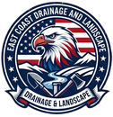 Logo of a bald eagle over a drainage pipe, with &ldquo;East Coast Drainage and Landscape&rdquo; in red, white, and blue.