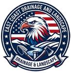 Logo of a bald eagle over a drainage pipe, with &ldquo;East Coast Drainage and Landscape&rdquo; in red, white, and blue.