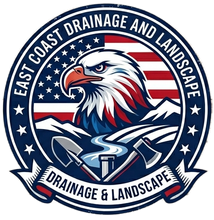 Logo of a bald eagle over a drainage pipe, with &ldquo;East Coast Drainage and Landscape&rdquo; in red, white, and blue.