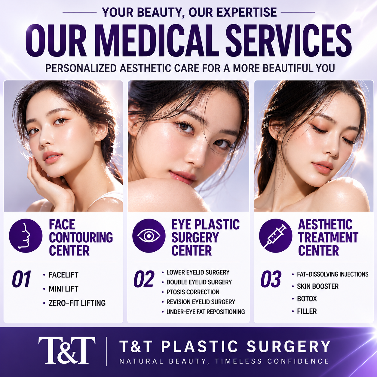Our medical services: face contouring centre, eye plastic surgery centre and aesthetic treatment centre