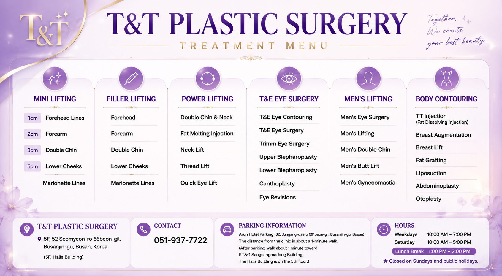 T&T Plastic Surgery treatment menu