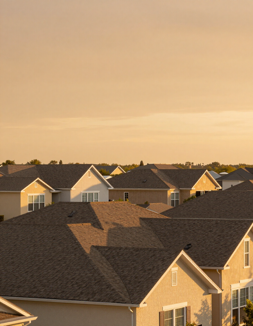 North Texas neighborhood roofline against a wide Texas sky