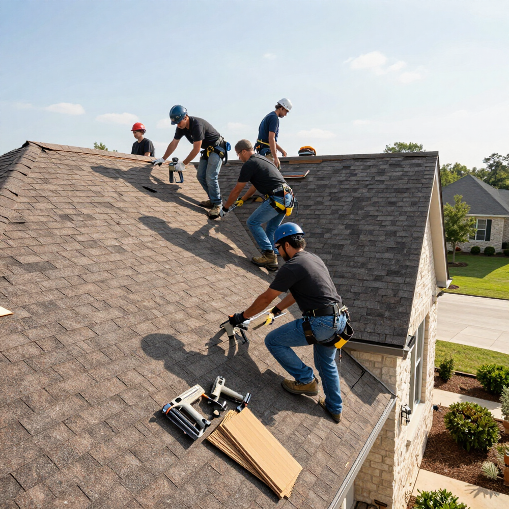 Roofing crew installing shingles on a North Texas home