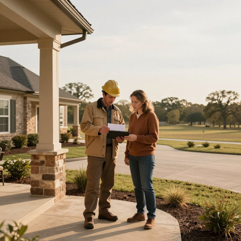 Roofing inspector and homeowner reviewing insurance paperwork together