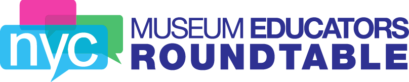 Logo for the NYC Museum Educators Roundtable with blue text next to a graphic of pink, green, and blue speech bubbles.