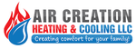 Logo for Air Creation Heating & Cooling LLC, featuring a red flame and blue water drop icon with the company name and motto.