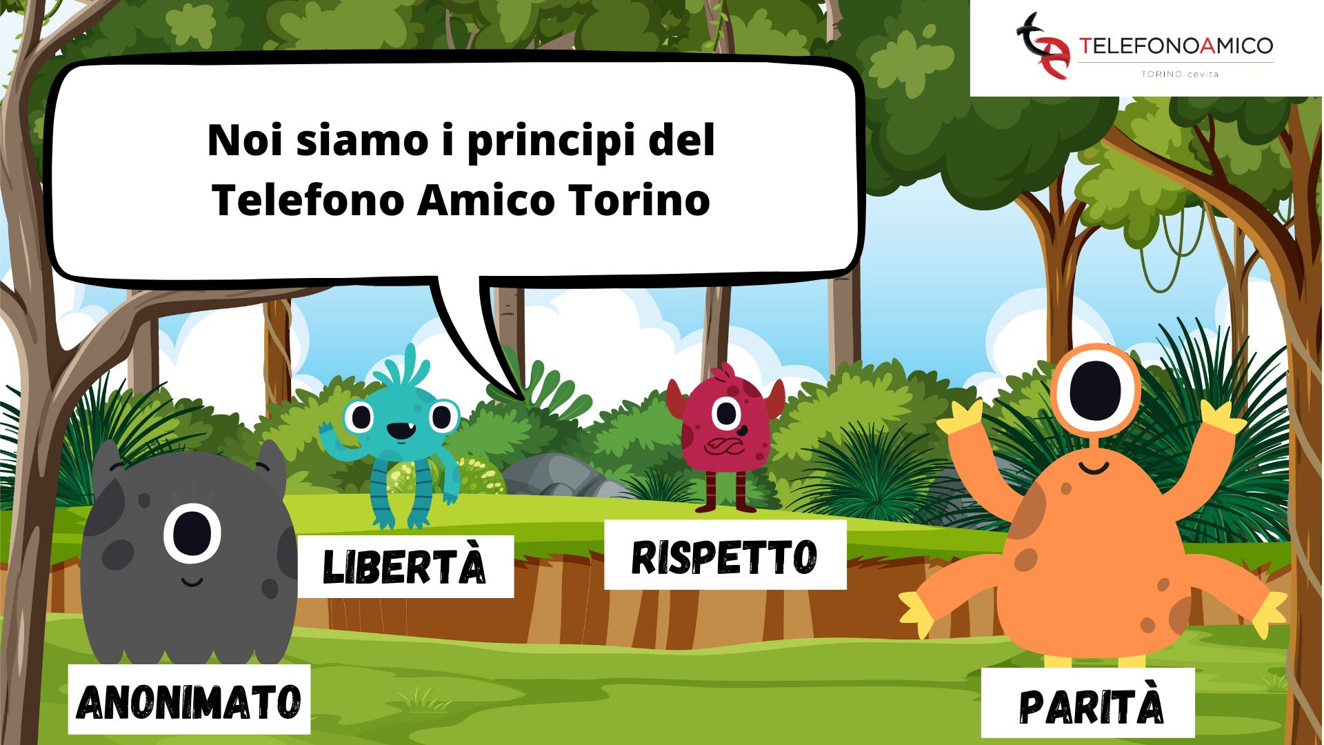 Mostriciattoli stilizzati che illustrano i principi del Telefono Amico