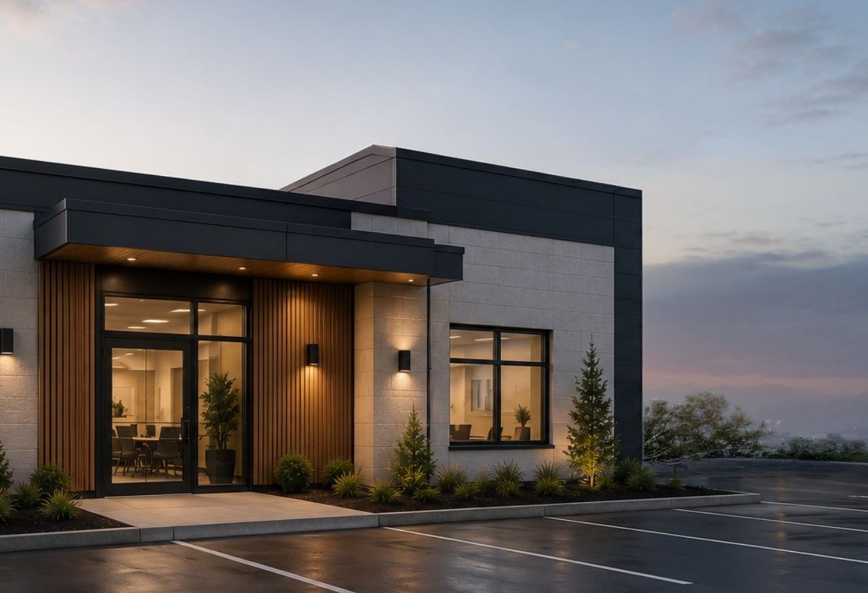 Extérieur d'une maison moderne de plain-pied au crépuscule, avec éclairage chaleureux, façade en bois et allée mouillée.