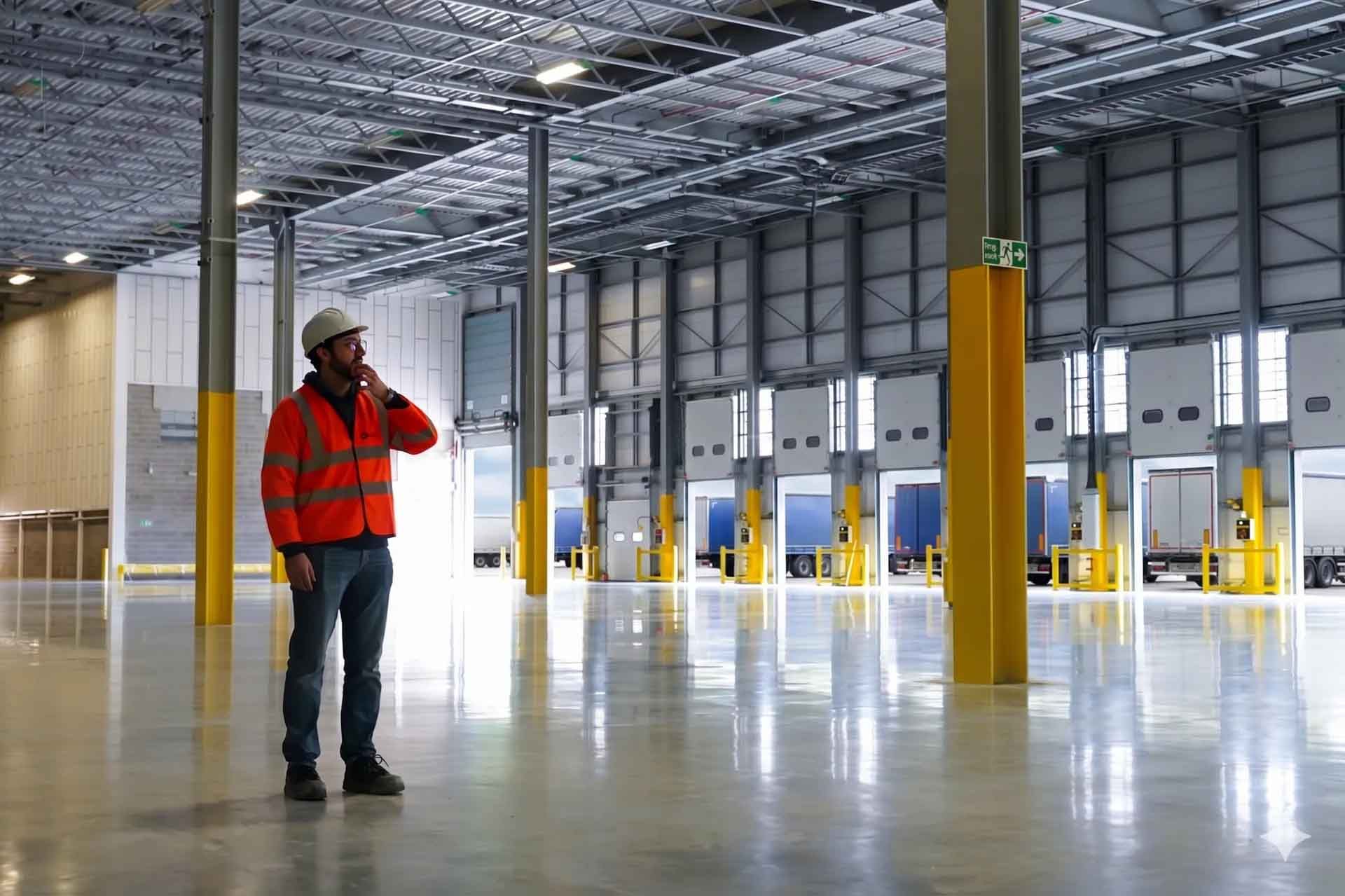 Un ouvrier portant un gilet de sécurité orange se tient debout à l'intérieur d'un grand entrepôt vide.