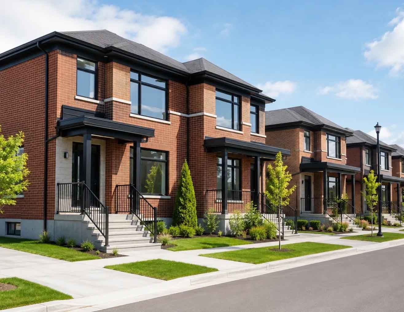 Maisons de ville modernes en briques, situées dans une rue de banlieue ensoleillée, avec de petits jardins et trottoirs à l'avant.