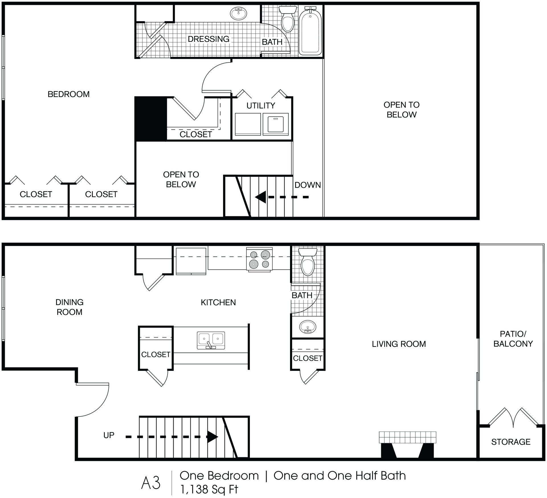 Black-and-white architectural floor plan with labeled rooms and stairs, shown in two stacked layouts.