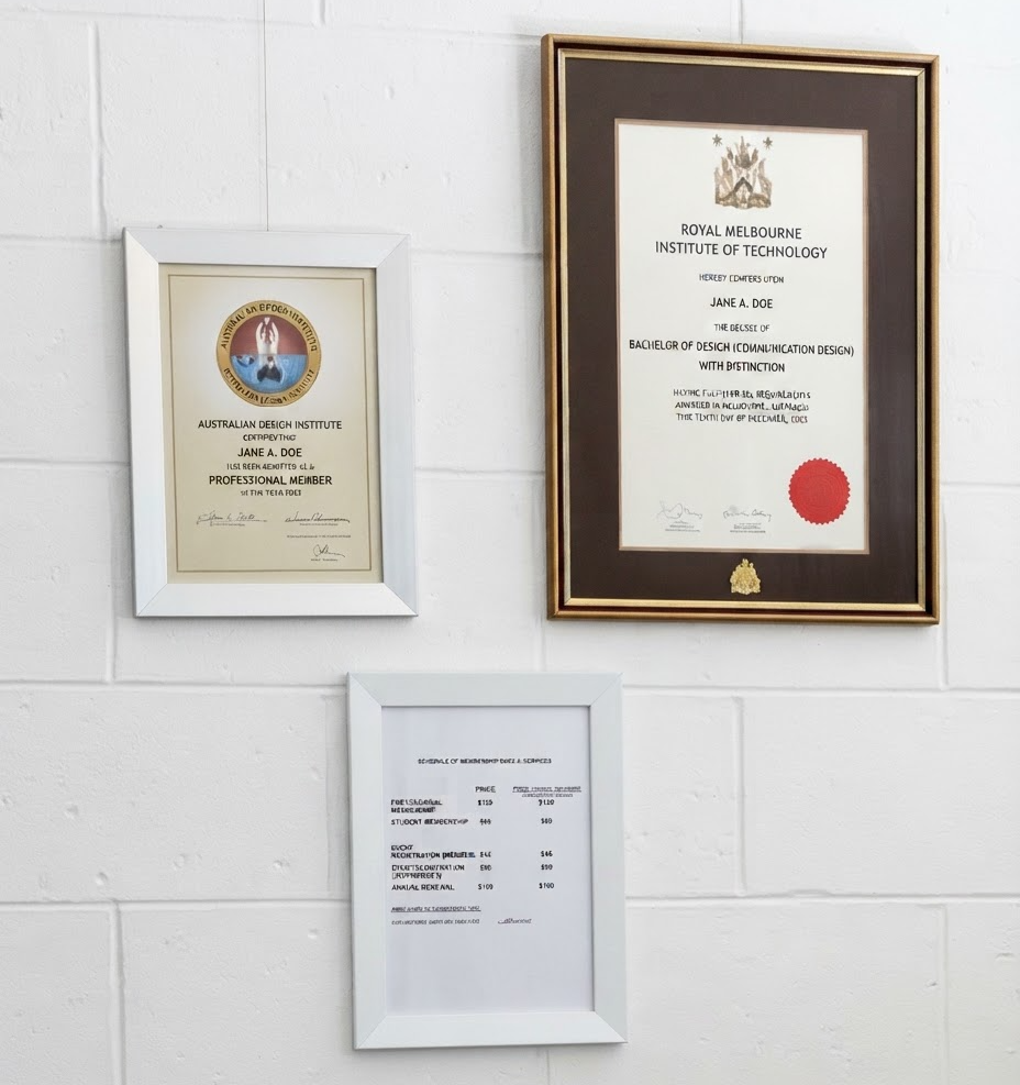 Three framed certificates on a white brick wall, including a large dark-framed award with a red seal.