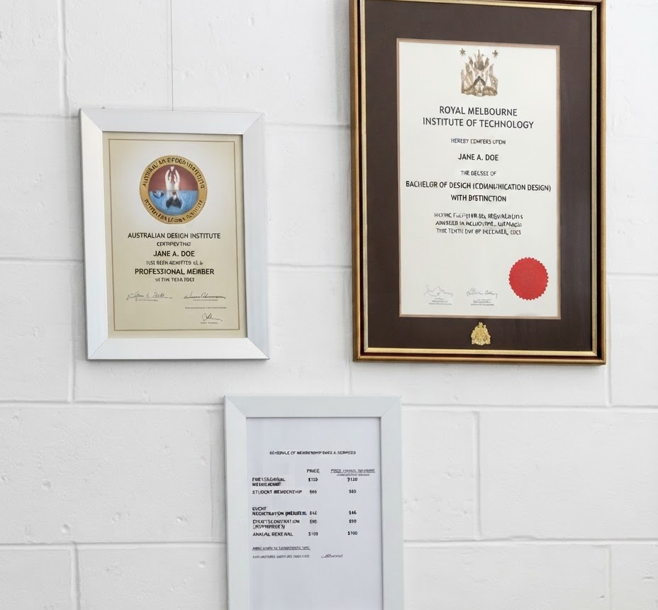 Framed certificates and awards displayed on a white wall.