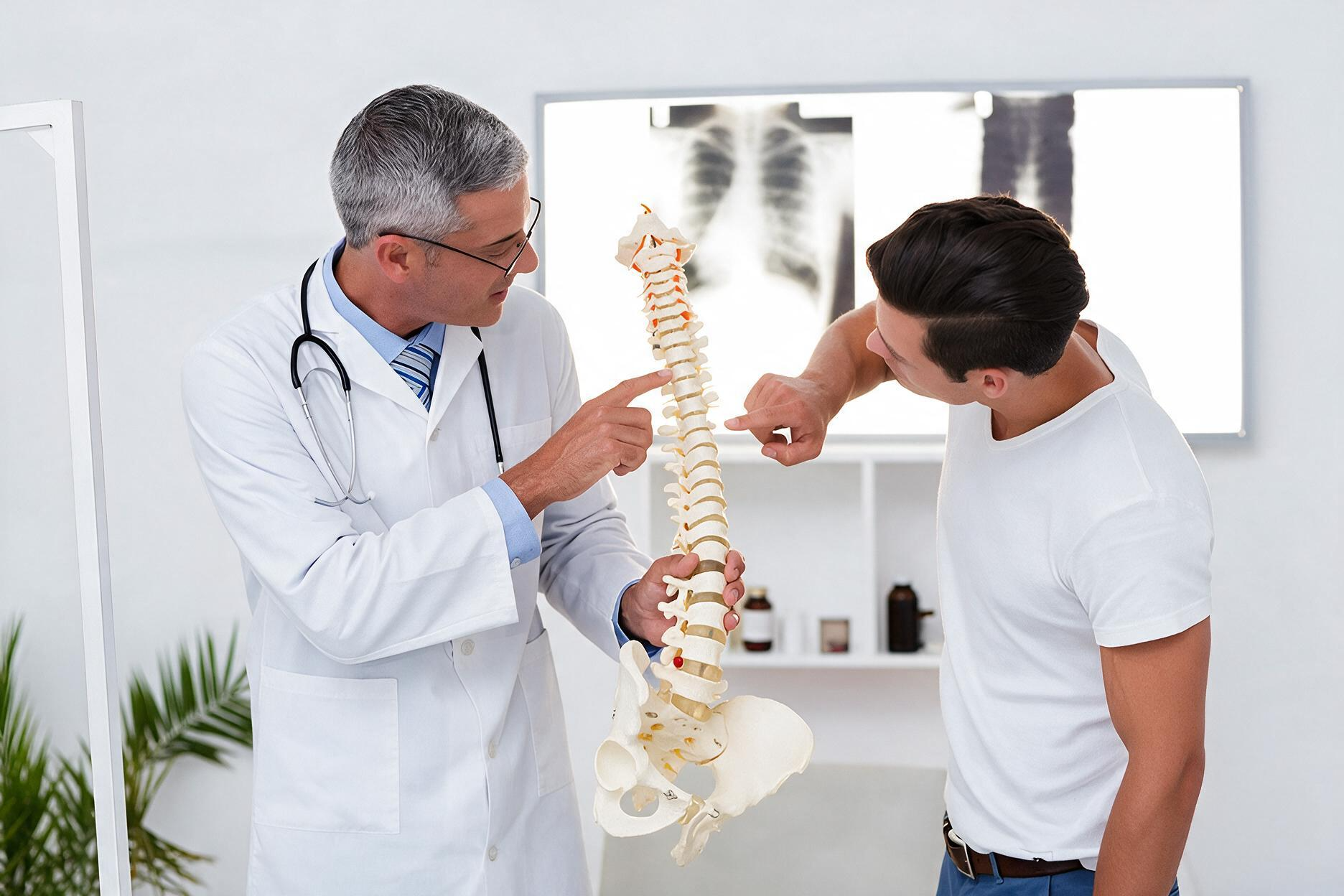 Physical therapist examining a patient’s back in a bright clinic room