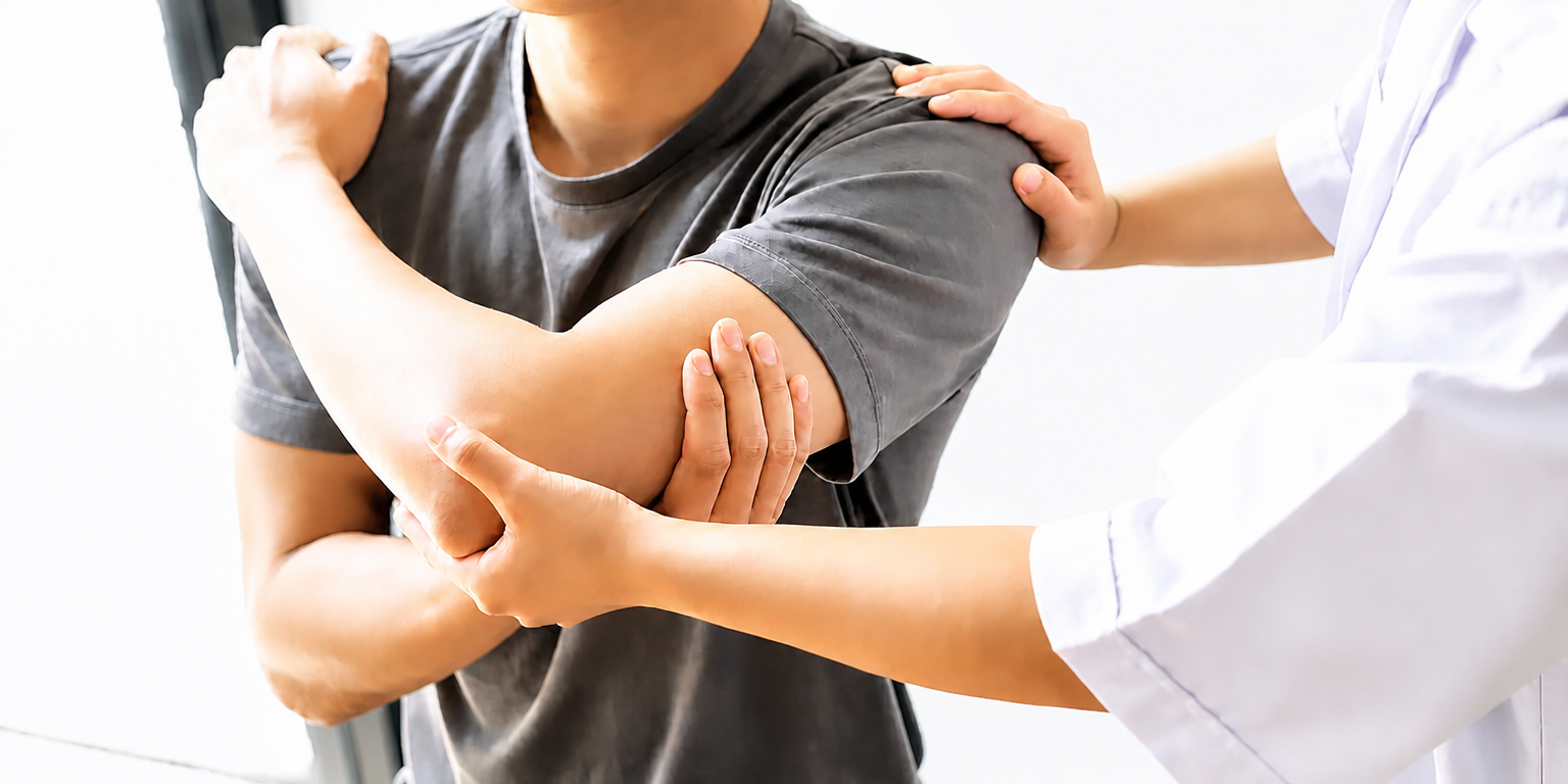 Patient holding shoulder while doctor examines arm in a bright clinic