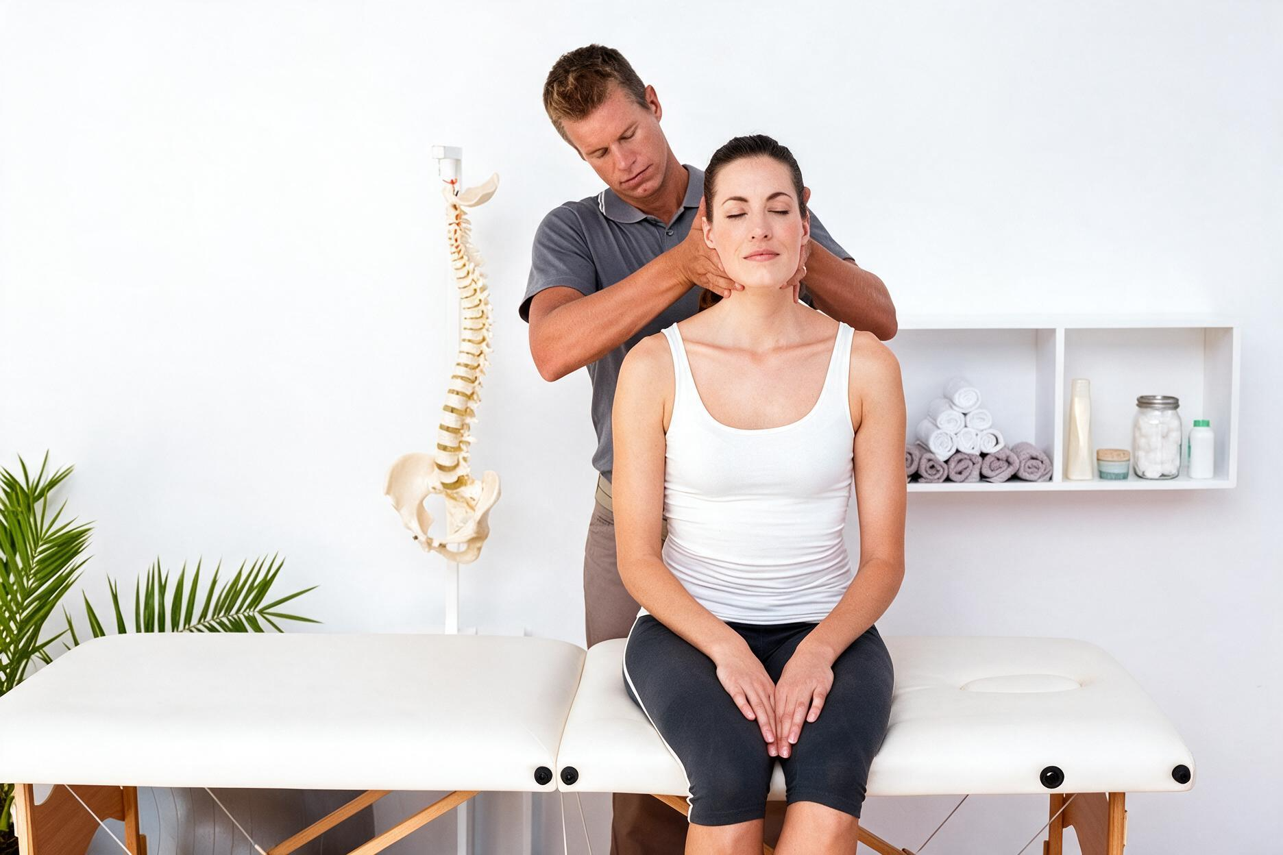 Chiropractor adjusting a seated patient in a bright clinic room