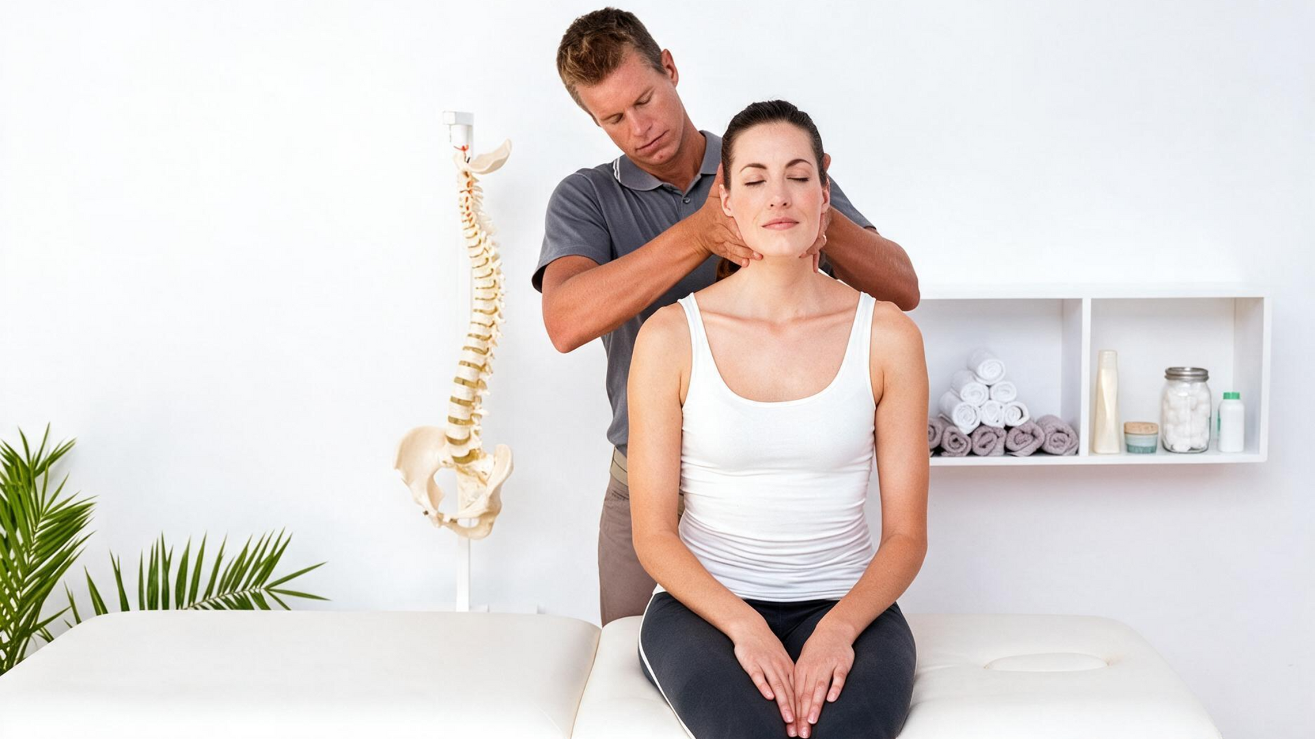 Chiropractor adjusting a seated patient’s neck in a bright clinic room