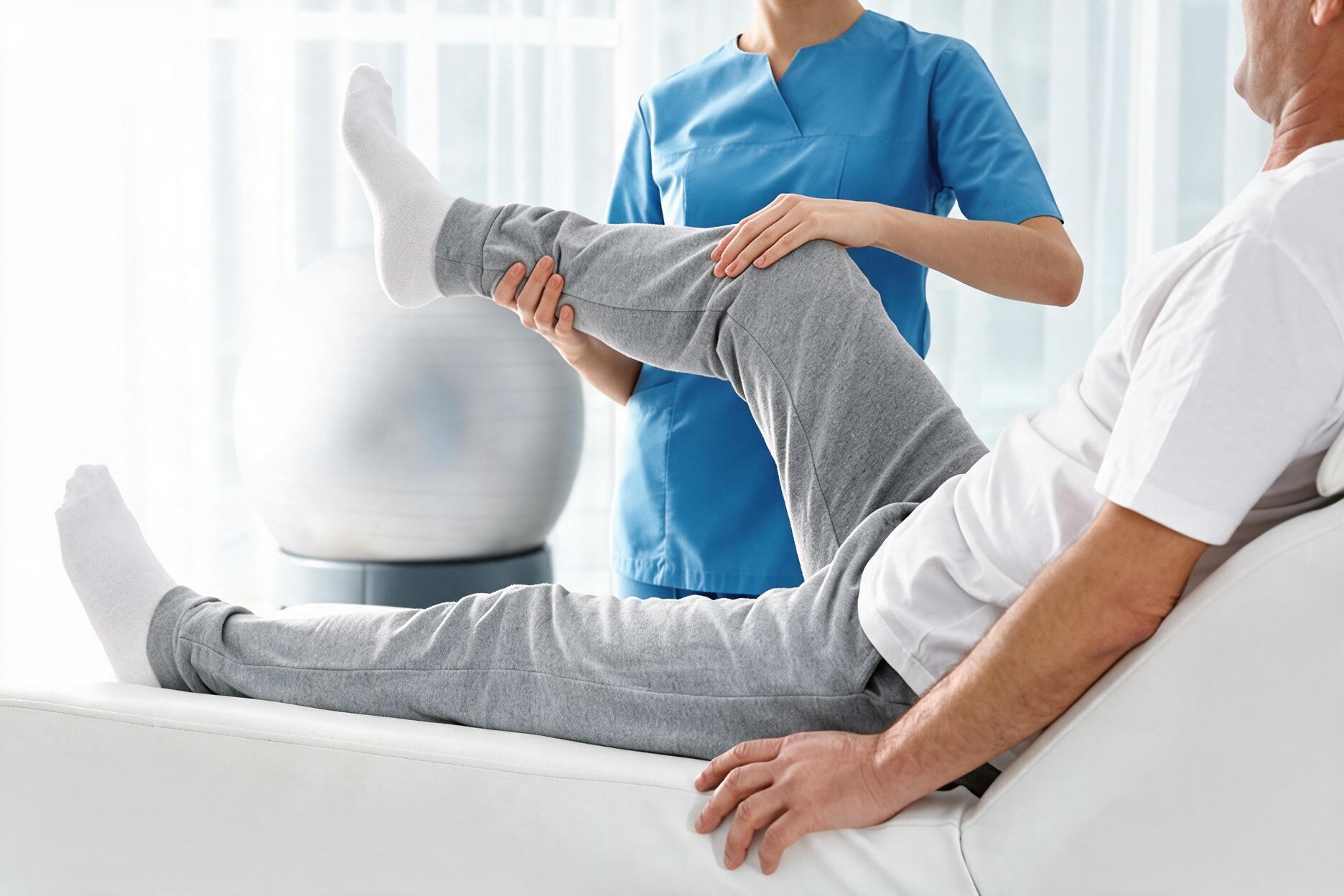 Physical therapist stretching a patient’s leg on an exam table in a bright clinic