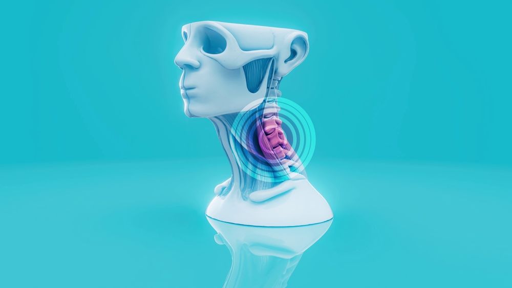 3D medical illustration of the neck with glowing cervical spine and throat pain markers