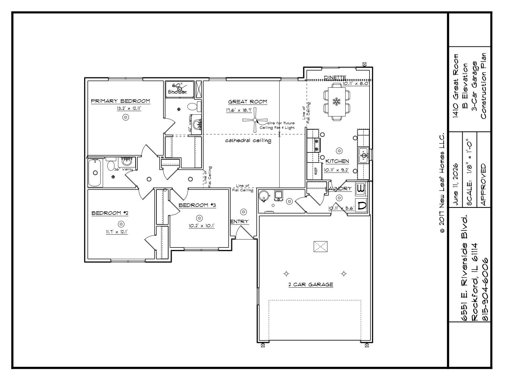Architectural floor plan of a house with multiple rooms, including a kitchen, living room, bedrooms, and a garage.